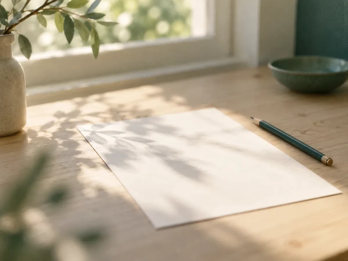 Leeres Blatt Papier und Bleistift auf einem Holztisch im Sonnenlicht