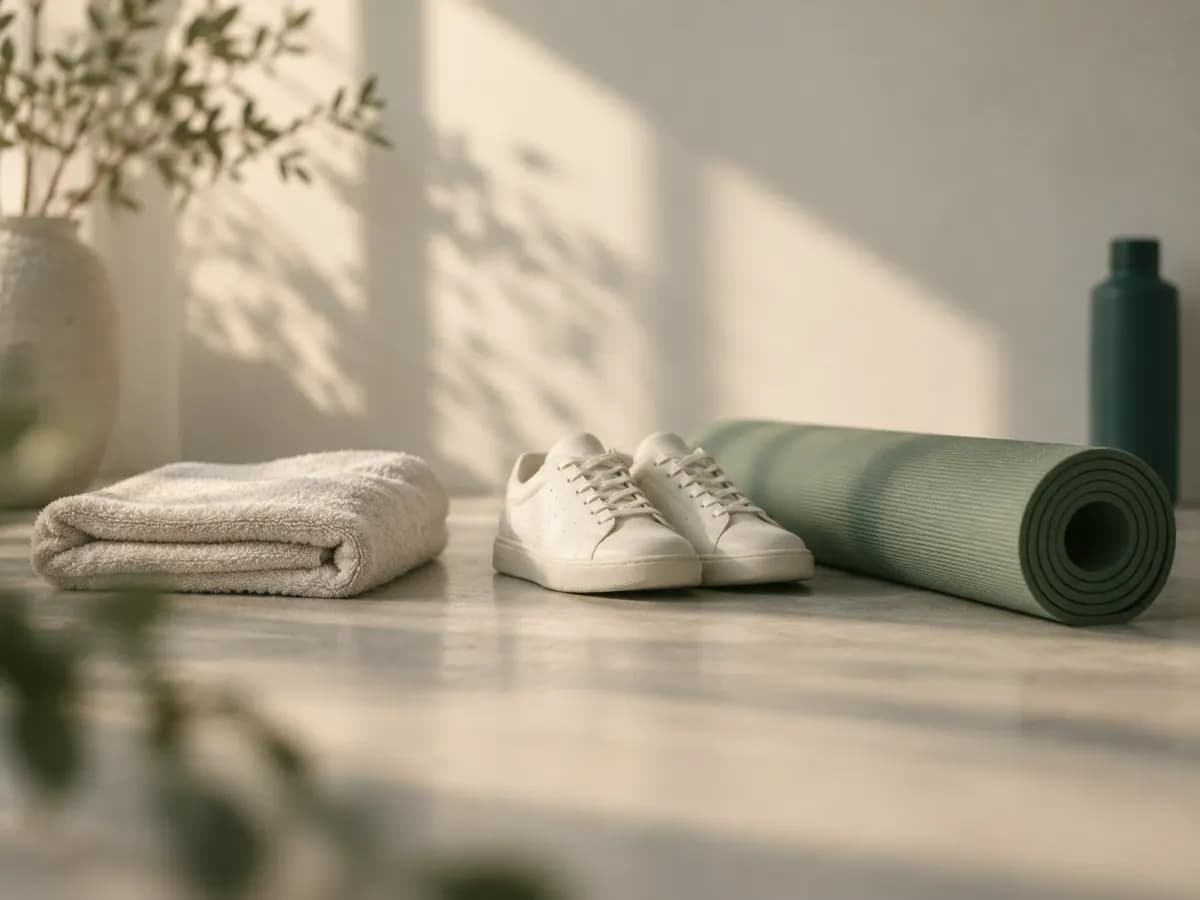 Handtuch, weiße Sneaker und eine grüne Yogamatte auf hellem Boden