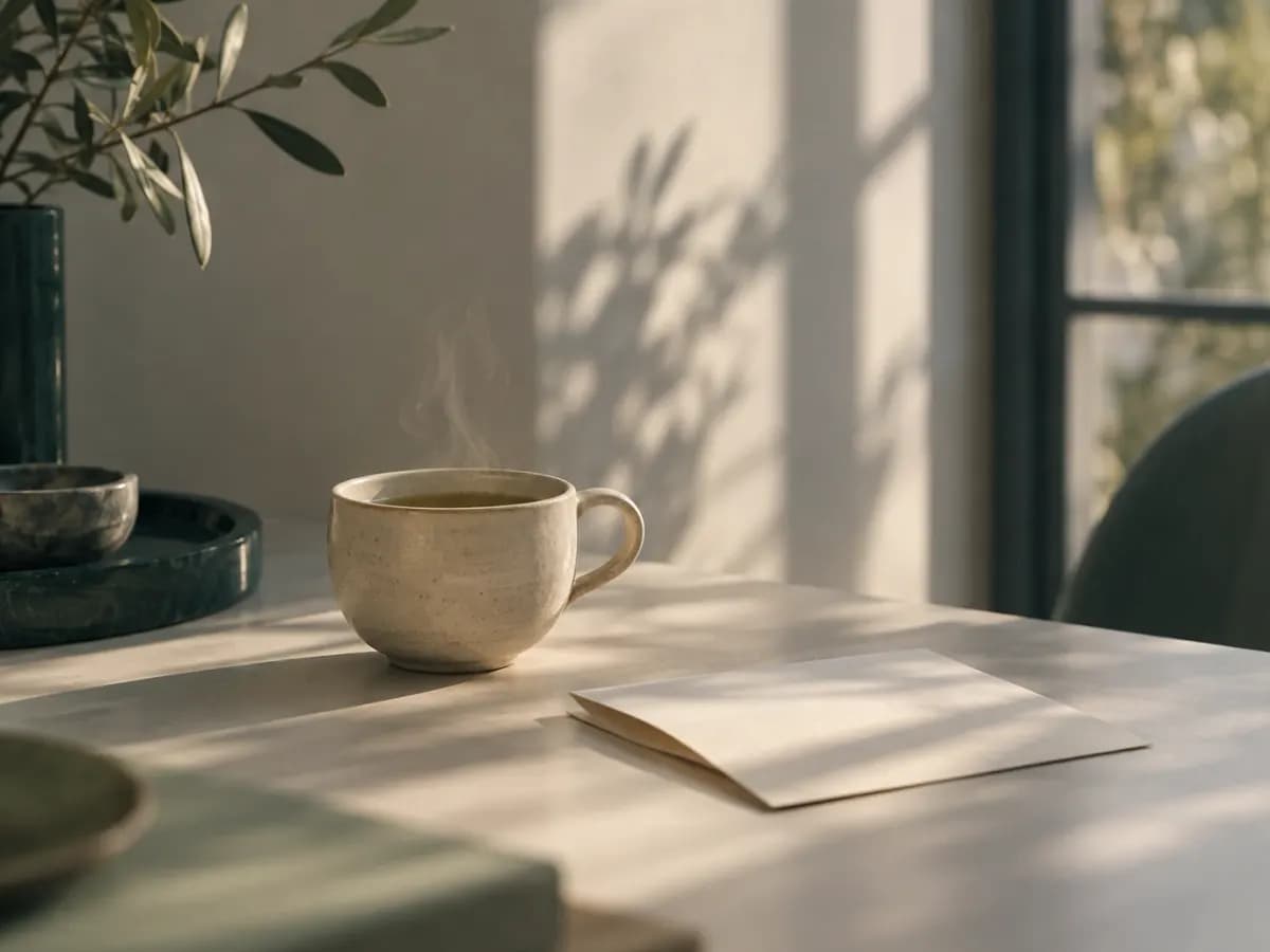 Dampfende Tasse Tee neben einer gefalteten Karte auf einem Tisch